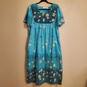 LOUNGEES Vintage Floral Teal Ombre Floral Pockets MuMu House Dress Loungewear XL